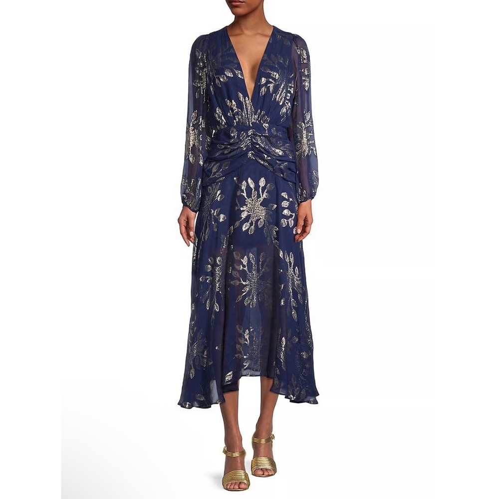 Delfi Collective Lizette Silk Chiffon‎ Midi Dress Navy Gold XS